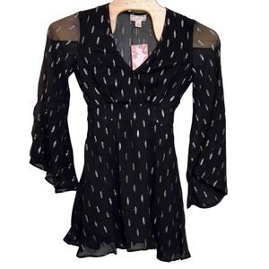 Band Of The Free Evette Black Shimmer Mini Dress Medium Lined Bell Sleeves Retro